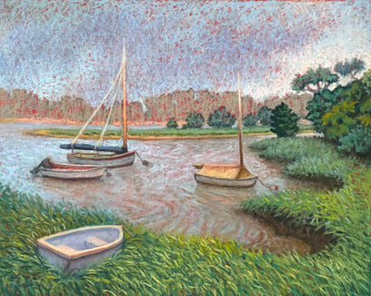 Four Boats, Misty Morning by Jakki Kouffman | Artwork Main Image