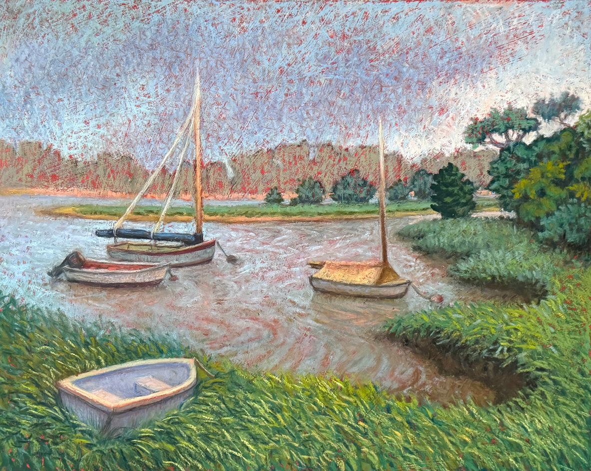 Four Boats, Misty Morning by Jakki Kouffman |  Artwork Main Image 
