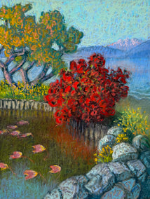 pastel artwork by Jakki Kouffman titled Sunset Garden, Rhododendron Reflection