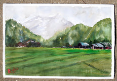 Original art for sale at UGallery.com | Rice Field by James Nyika | $600 | watercolor painting | 15' h x 22' w | thumbnail 3