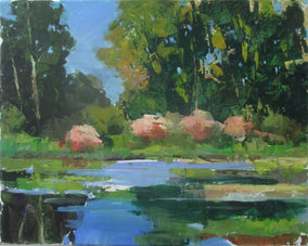 Original art for sale at UGallery.com | Bushes by the Pond by Janet Dyer | $800 | acrylic painting | 16' h x 20' w