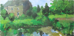 Original art for sale at UGallery.com | House with Pond, France by Janet Dyer | $700 | acrylic painting | 12' h x 24' w