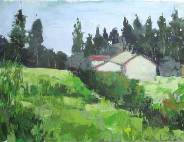 acrylic painting by Janet Dyer titled Houses on the Hillside