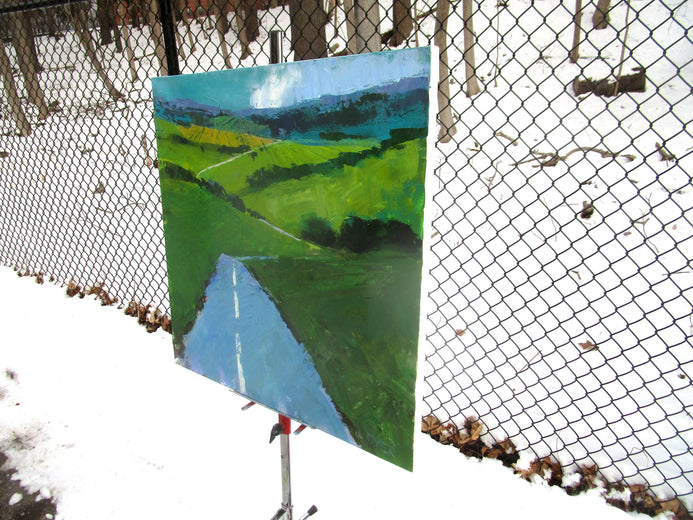 Road Through Green Fields, England by Janet Dyer |  Side View of Artwork 