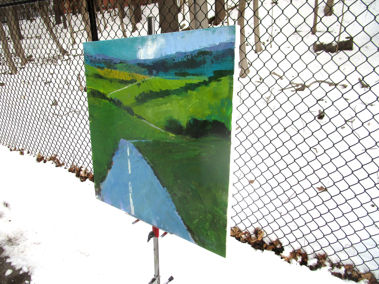 Road Through Green Fields, England by Janet Dyer |  Side View of Artwork 