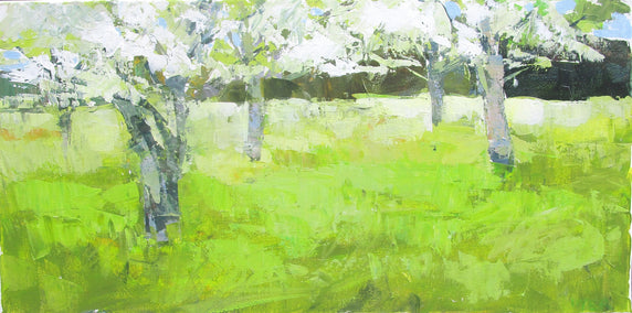 acrylic painting by Janet Dyer titled Spring Trees in the Grass