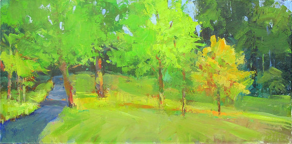 acrylic painting by Janet Dyer titled Trees in the Park