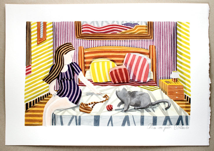 Girl with Cat by Javier Ortas |  Side View of Artwork 