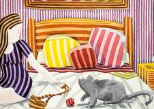 Original art for sale at UGallery.com | Girl with Cat by Javier Ortas | $1,180 | watercolor painting | 13.77' h x 19.68' w | thumbnail 4