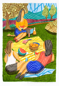 watercolor painting by Javier Ortas titled Three Girls Having a Picnic in the Countryside