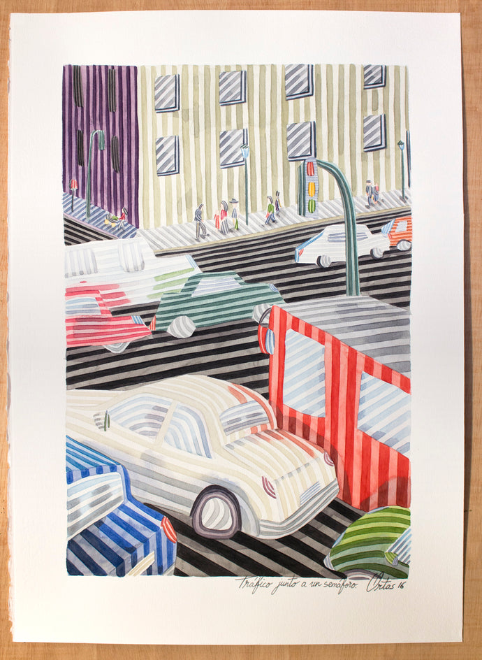 Traffic Next to a Traffic Light by Javier Ortas |  Side View of Artwork 