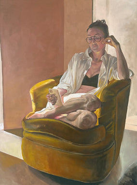 Original art for sale at UGallery.com | Reading In the Gold Chair 2.0 by Jesse Aldana | $3,875 | oil painting | 40' h x 30' w