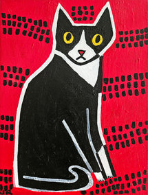 acrylic painting by Jessica JH Roller titled Buttons on Red