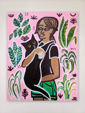 Original art for sale at UGallery.com | Girl with Black Cat and Plants by Jessica JH Roller | $975 | acrylic painting | 30' h x 24' w | thumbnail 3