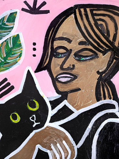 Girl with Black Cat and Plants by Jessica JH Roller |   Closeup View of Artwork 