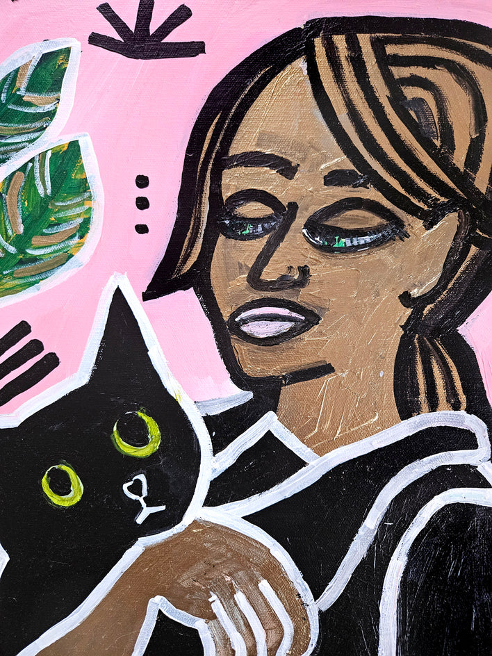 Girl with Black Cat and Plants by Jessica JH Roller |  Closeup View of Artwork 