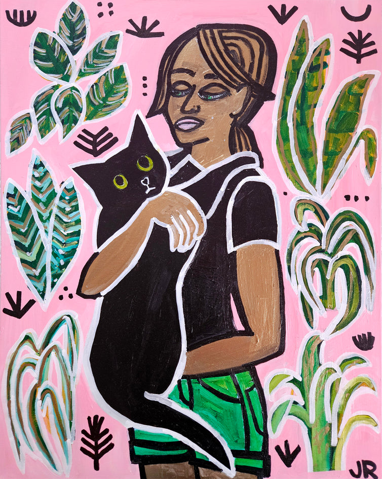 Girl with Black Cat and Plants by Jessica JH Roller |  Artwork Main Image 