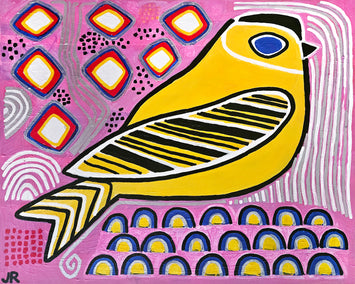 acrylic painting by Jessica JH Roller titled Goldfinch at Rest