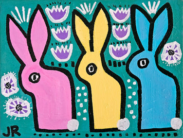 acrylic painting by Jessica JH Roller titled Springtime Bunnies