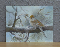 Original art for sale at UGallery.com | Chipping Sparrow in Early Winter by Joanie Ford | $275 | oil painting | 11' h x 14' w | thumbnail 3