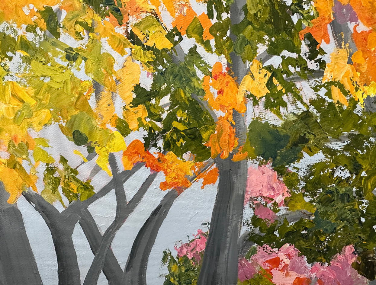 Beech Trees and Friend by JoAnn Golenia |  Closeup View of Artwork 