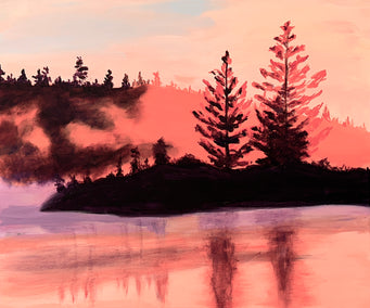 acrylic painting by JoAnn Golenia titled Misty Morning at the Lake