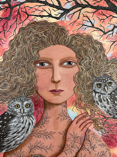Sunset with Pygmy Owls by Johansen Newman |   Closeup View of Artwork 