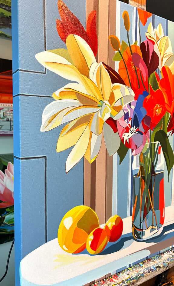 Flowers in  a Glass Vase by John Jaster |  Side View of Artwork 