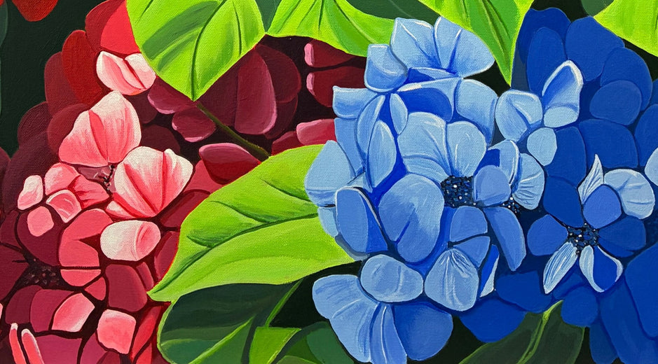 Hydrangeas In Bloom by John Jaster |   Closeup View of Artwork 