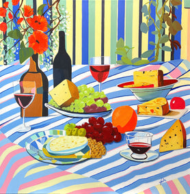 acrylic painting by John Jaster titled Picnic with Wine and Cheese