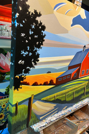 Red Barn Through the Shadows by John Jaster |  Side View of Artwork 