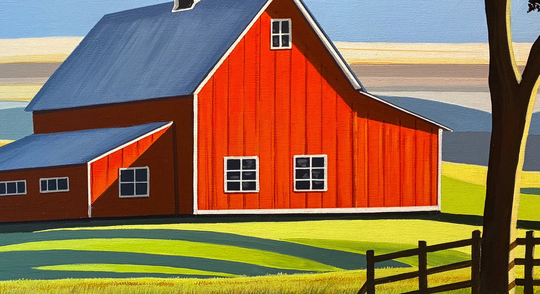 Red Barn Through the Shadows by John Jaster |  Closeup View of Artwork 