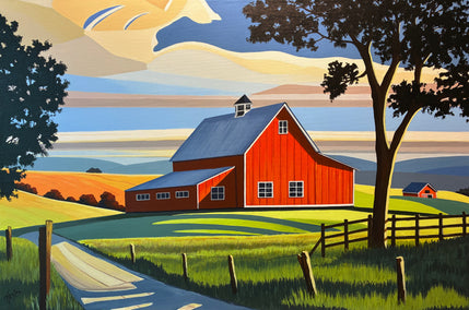 acrylic painting by John Jaster titled Red Barn Through the Shadows