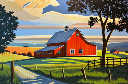acrylic painting by John Jaster titled Red Barn Through the Shadows