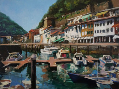 oil painting by Jonelle Summerfield titled Boat Docks in San Sebastian