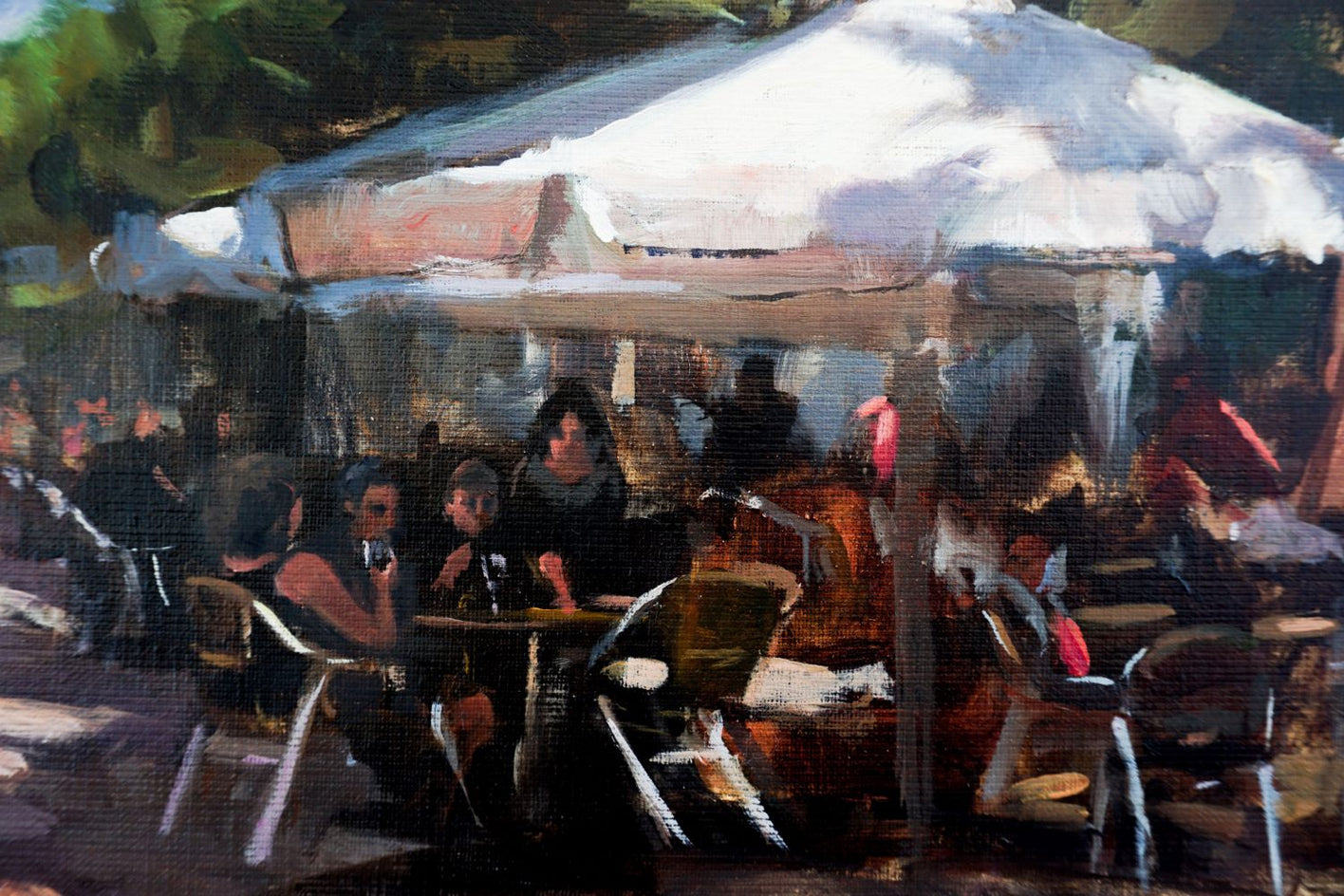 Sidewalk Cafes in Puente La Reina by Jonelle Summerfield |  Closeup View of Artwork 