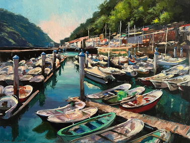 oil painting by Jonelle Summerfield titled The Boats of San Sebastian