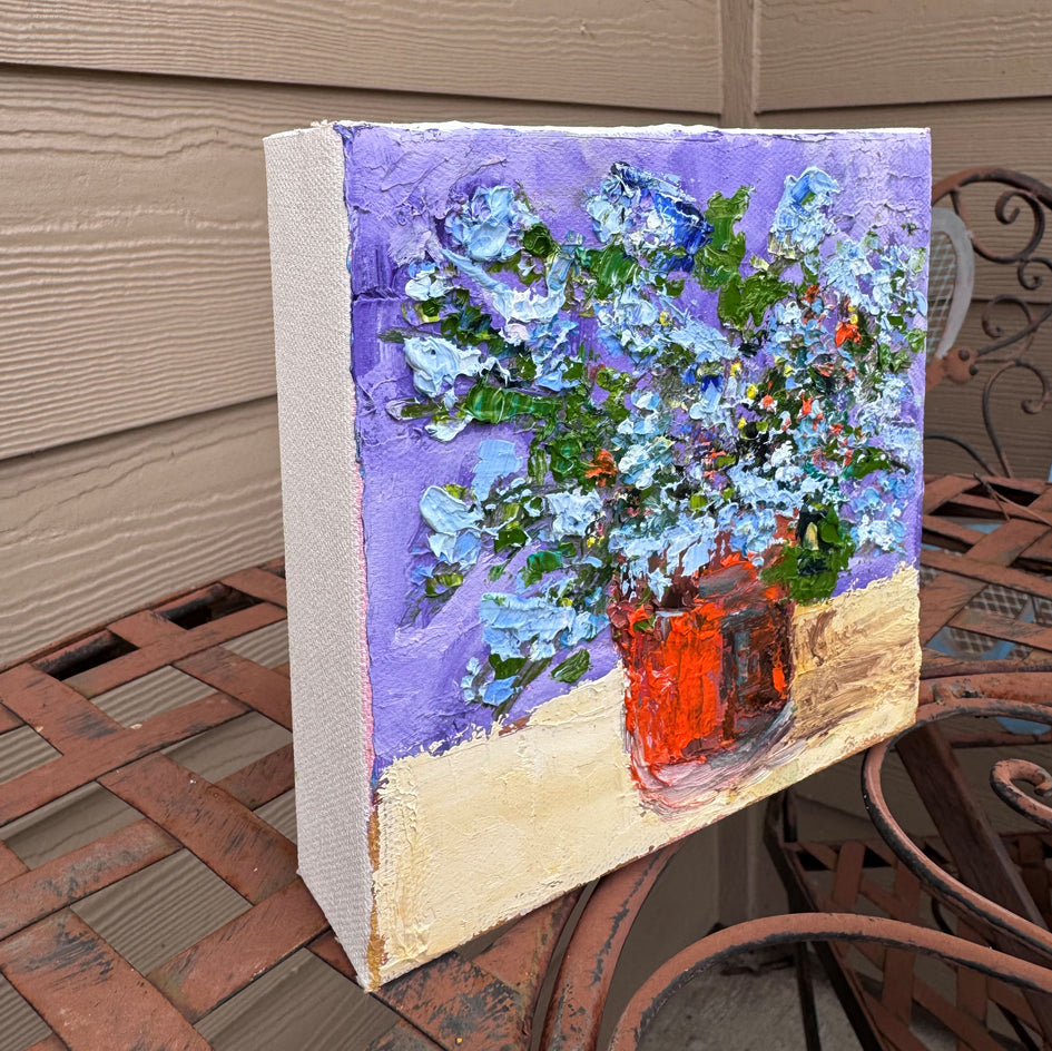 Plumbago in a Terra Cotta Flower Pot by Judy Mackey |  Side View of Artwork 