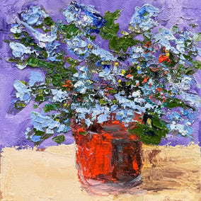 oil painting by Judy Mackey titled Plumbago in a Terra Cotta Flower Pot