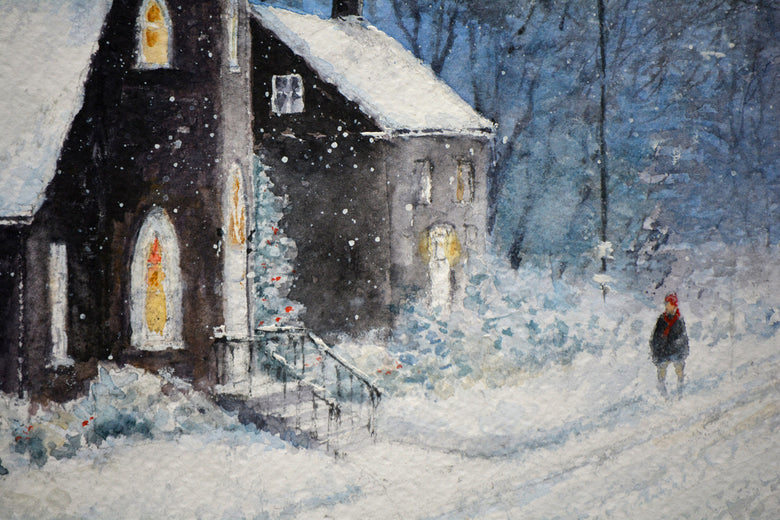 Candlelight amid the Falling Snow by Judy Mudd |   Closeup View of Artwork 