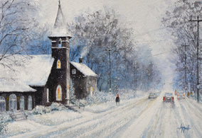 Original art for sale at UGallery.com | Candlelight amid the Falling Snow by Judy Mudd | $775 | watercolor painting | 11' h x 15' w