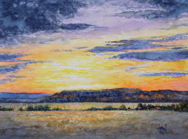 watercolor painting by Judy Mudd titled Santa Fe Sunset