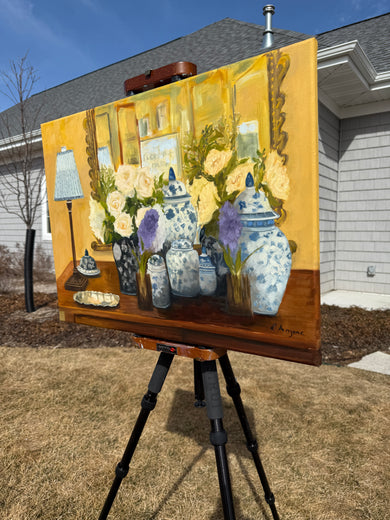 Blue and White Porcelain Still Life by Karen d’Angeac Mihm |  Side View of Artwork 