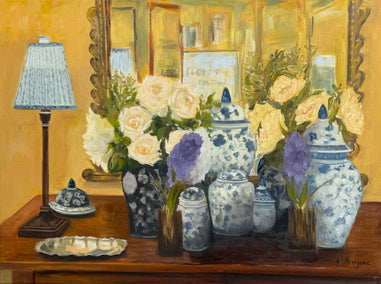 oil painting by Karen d’Angeac Mihm titled Blue and White Porcelain Still Life