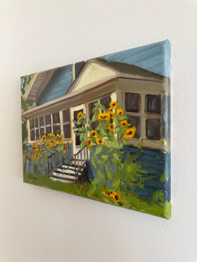 Blue House with Sunflowers by Karen d’Angeac Mihm |  Side View of Artwork 