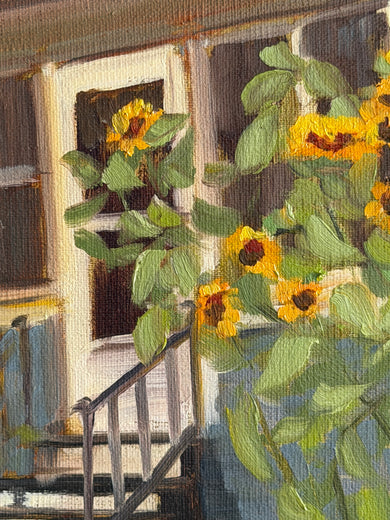 Blue House with Sunflowers by Karen d’Angeac Mihm |   Closeup View of Artwork 