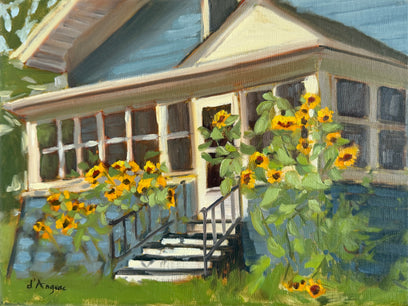 Blue House with Sunflowers by Karen d’Angeac Mihm | Artwork Main Image