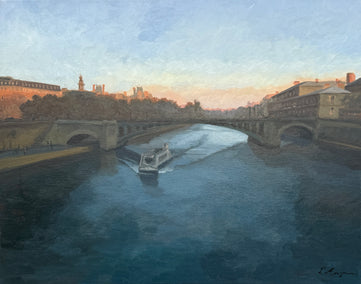 oil painting by Karen d’Angeac Mihm titled On the Seine at Sunset