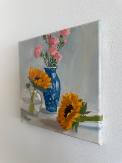 Sunflowers and Blue Vase by Karen d’Angeac Mihm |  Side View of Artwork 