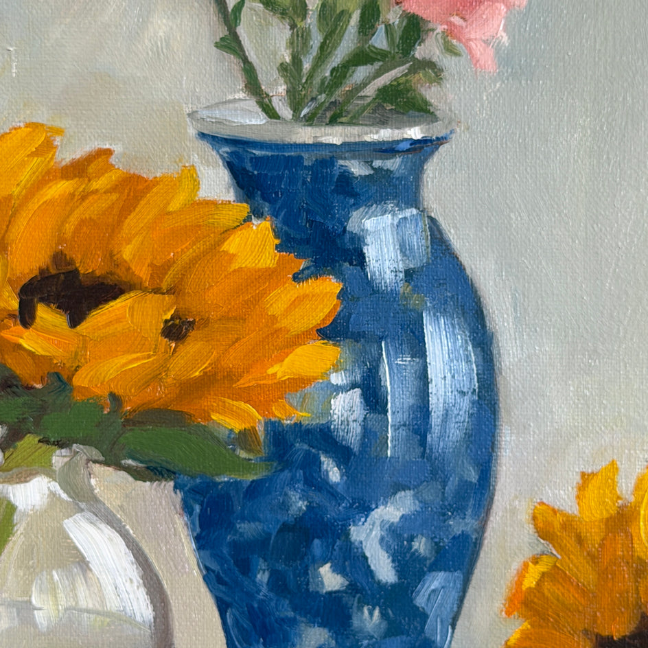 Sunflowers and Blue Vase by Karen d’Angeac Mihm |  Closeup View of Artwork 